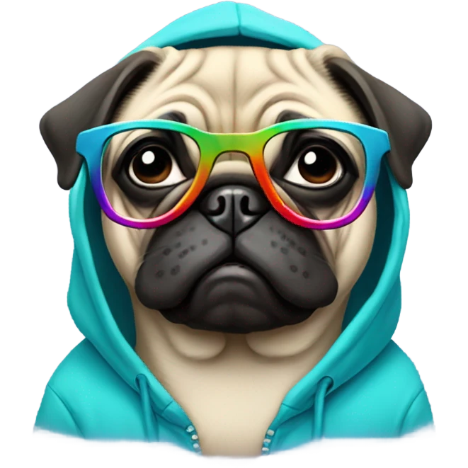 a pug wearing a hoodie and glasses emoji