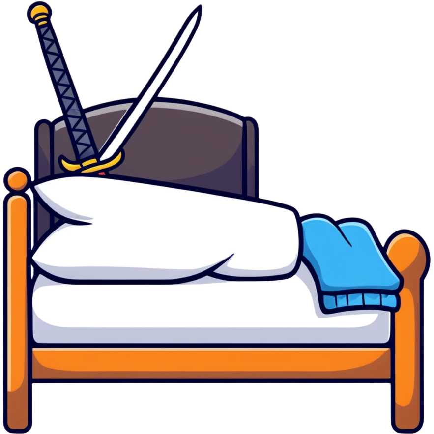 bed with a sword, cartoonish sticker style emoji