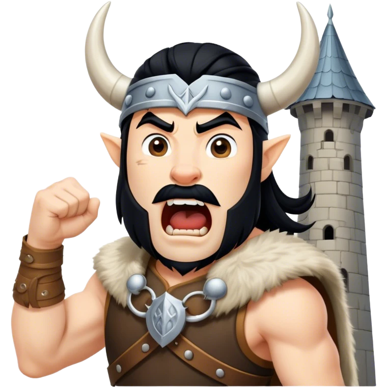 vikingo, con cuerno de vaca, pelo negro, de pie, grito de guerra en torre de Asgard. emoji