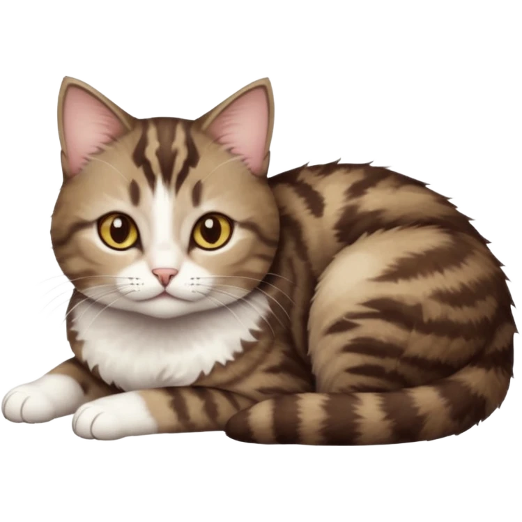 full body tiny short hair dark brown and white cat with hazel eyes lying down emoji