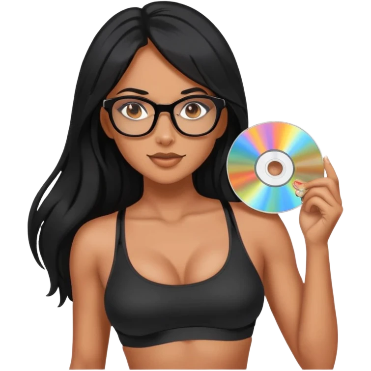 glasses, long black hair tanned woman, black sports bra, sexy, hot, data analysis, holding a cd   emoji