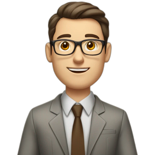 Pale skinned fit man teacher with dark brown hair in gray jacket, beige office shirt, brown tie, brown pants and vintage glasses Draws on the marker board emoji