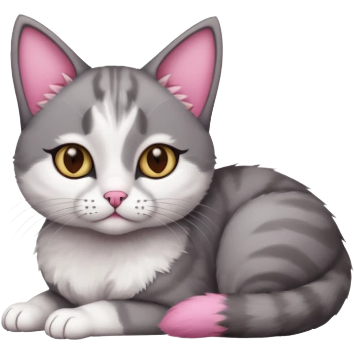 full body tiny short hair dark grey and white cat with hazel eyes lying down emoji