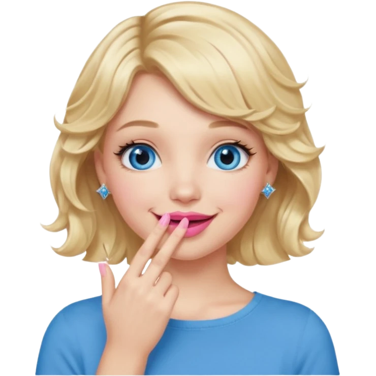 Girl Blonde short wavy hair,  blue eyes, cute blue top, long lashes, pink lips, smiling, hand over the mouth emoji