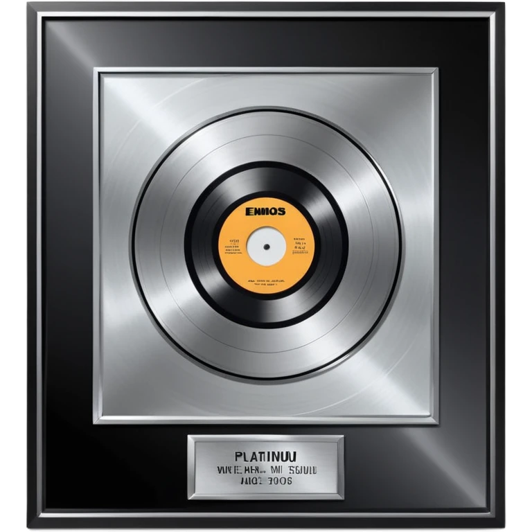 A platinum music award plaque: a square, polished platinum plate with a subtly textured, mirror-like finish, mounted on a simple dark metal base. The center features a relief of a or stylized vinyl record in a slightly darker metallic tone.  emoji