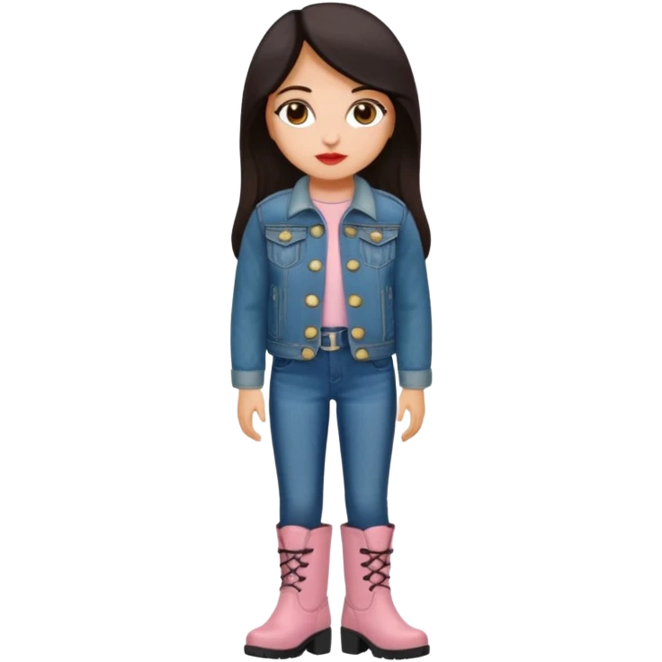 Gordita, ojos pequeños de color cafe oscuro, labios pequeños y rosados, piel trigueña, orejas pequeñas, cabello largo lazio y negro, pequeña. cuerpo completo. vestida con saco jean y botas emoji