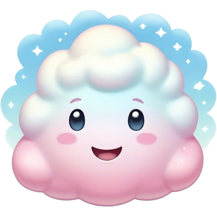 Cinematic fluffy pastel marshmallow character, soft round edges, tiny sparkly eyes, a small happy smile, glowing warmly, floating in a dreamy soft sky. emoji