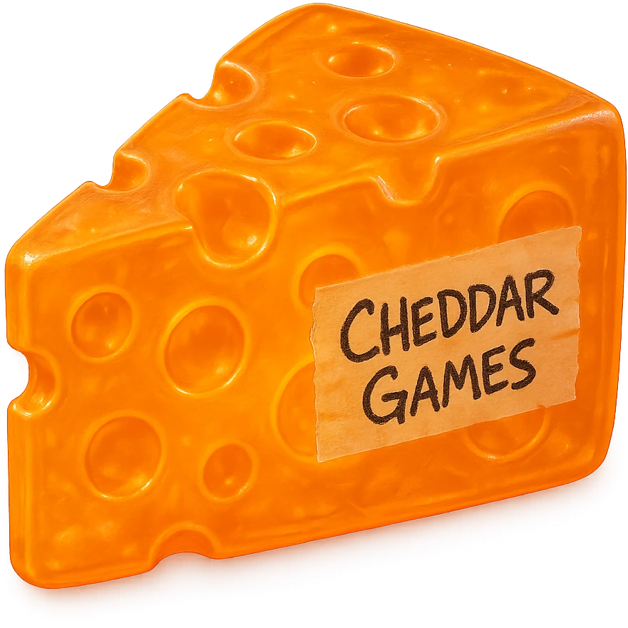 Create a clear, transparent orange cheddar cheese block shaped like a classic wedge with Swiss-style holes. The block should glow more, maintaining a clear-orange, translucent, hyper-detailed plastic texture reminiscent of a 90's toy. It should have soft reflections, appear soft and almost squishy with some cloudiness, not shiny, hyper-realistic, retro, and highly detailed. Include a tape messily taped to the side with 'Cheddar Games' written in messy Sharpie. The image should have no background and be of extremely high quality. emoji
