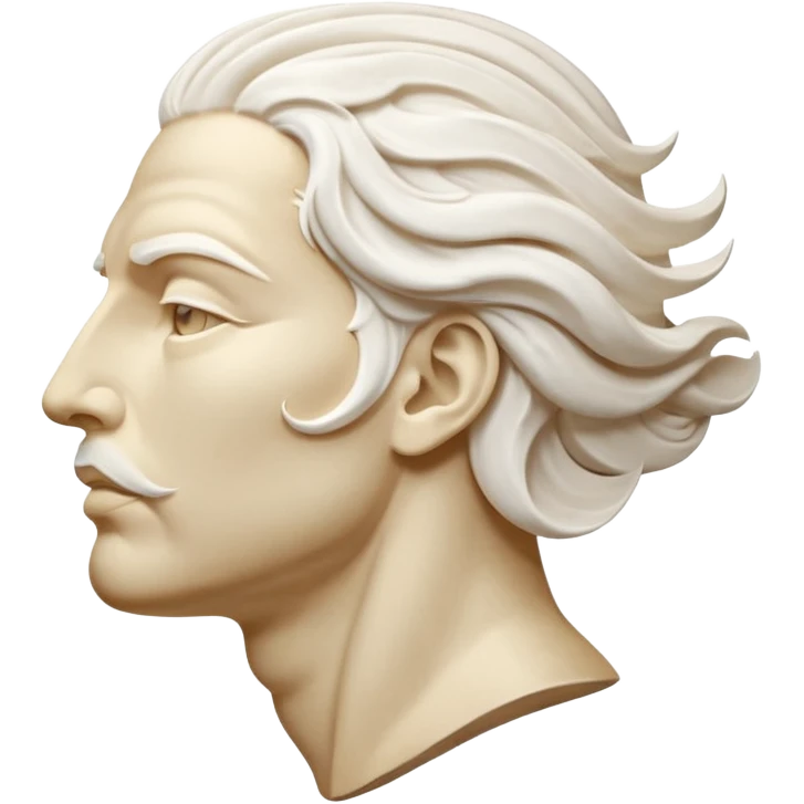 Create a stylized illustration of a classical face carved in white marble, shown in profile, gently blowing wind. The wind is depicted as decorative swirling lines emerging from the mouth.  emoji