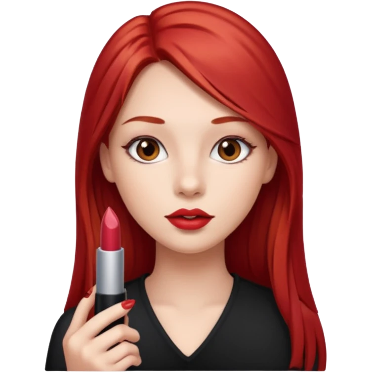 una chica con un pintalabios en la mano de 18 años, de piel blanca con el pelo liso, largo y pelirrojo, ojos marrones emoji