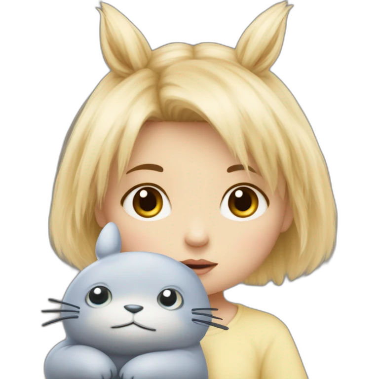 bébé fille blonde décoiffée aux yeux bleus avec une peluche Totoro  emoji