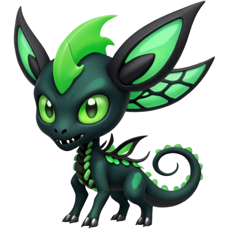 Horned Evil Cool Handsome Badass Edgy Obsidian-black and neon-glowing-green skeletal Meloetta-Salandit-Gorebyss-Zygarde-Pokémon-Fakémon-creature-fusion-hybrid emoji