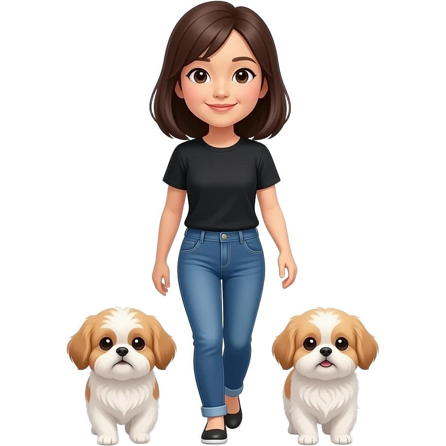 An Asian woman with medium dark brown hair, wearing a black T-shirt and blue jeans is walking with a Shih Tzu emoji