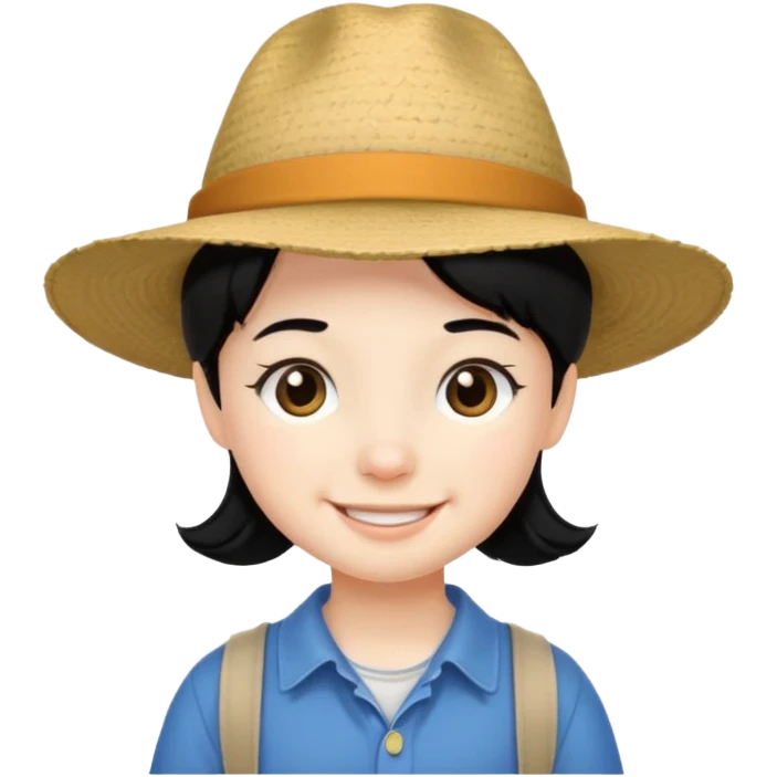 very small tourist kid with big hat and black hair emoji