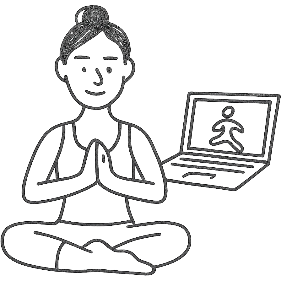 hand-drawn outlined icon of a yoga teacher with a laptop emoji