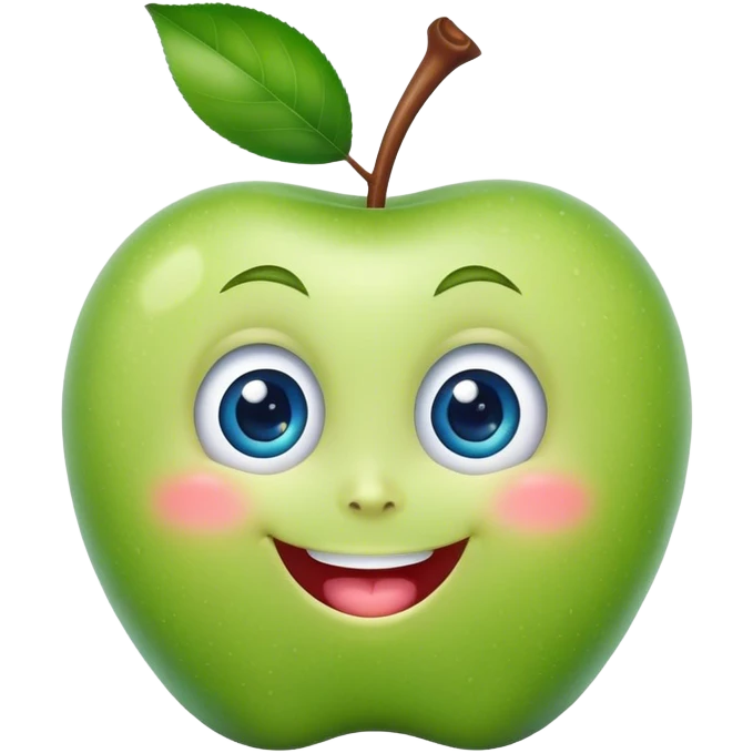 A cute green apple with a big smile and blue expressive big eyes emoji