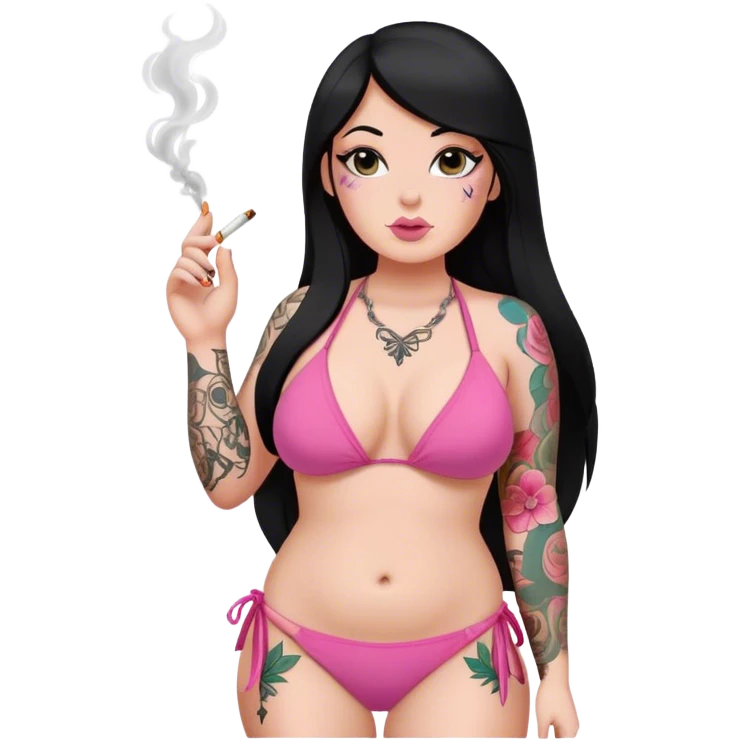caucasian curvy girl with tattoos in pink bikini, smoking, with a long straight black hair  emoji