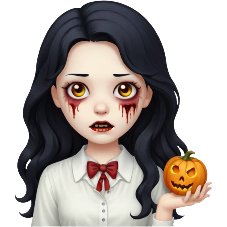 garota zumbi com cabelo preto ondulado longo blusa BRANCA emoji