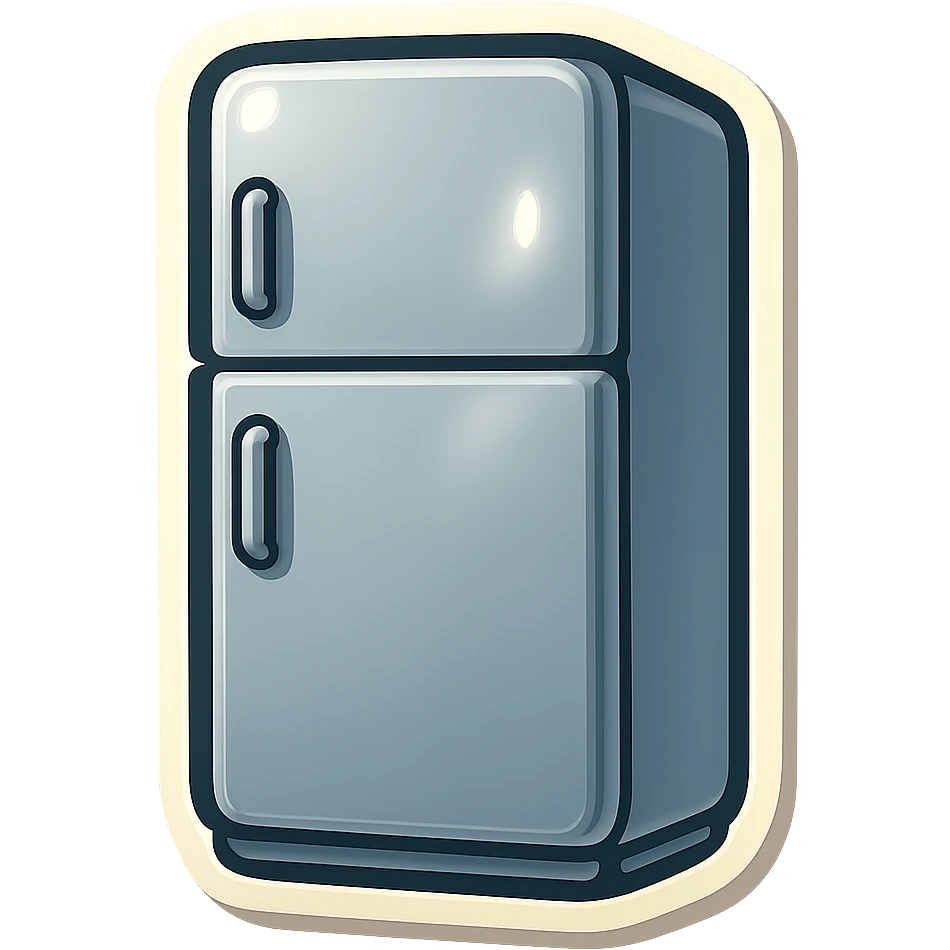 Closed modern refrigerator, flat vector style, rounded edges, simple handles, clean silver surface, minimal details, soft shadows, no brand logos, UI sticker look, slightly wider proportions. emoji
