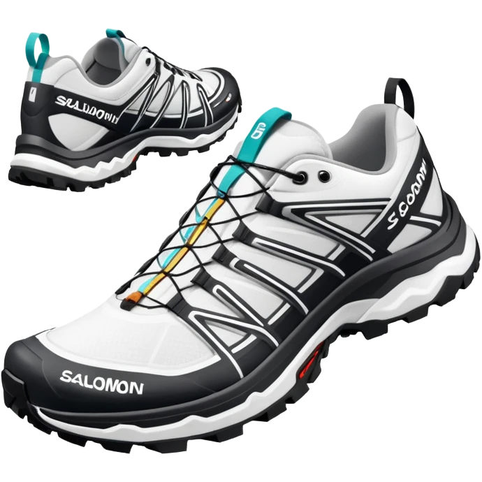 White Salomon XT-6 Gore-Tex sneakers as a pair with one shoe positioned behind the other, iOS emoji style, featuring trail running design with zigzag overlays and aggressive sole emoji