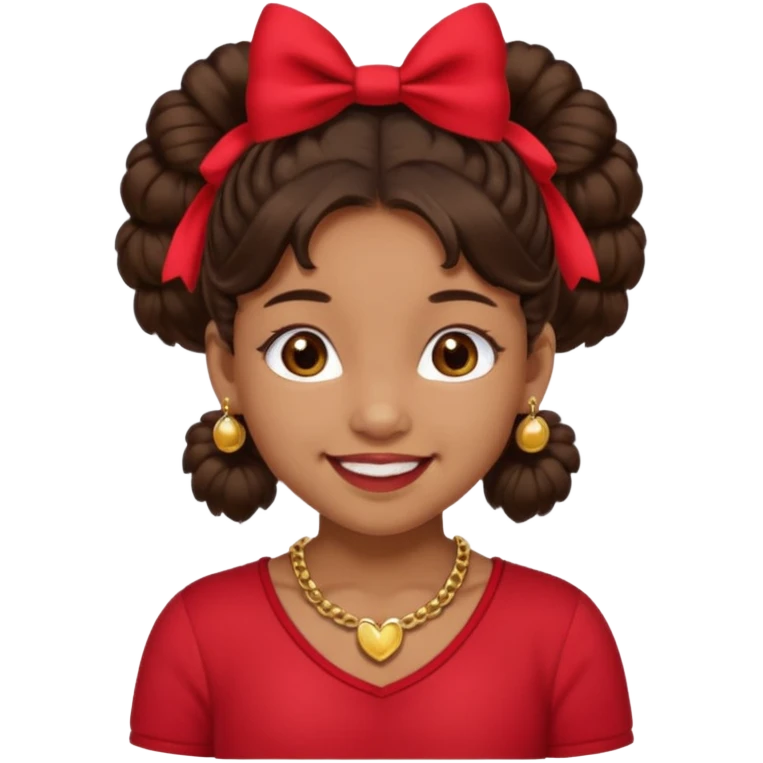 Brownskin girl dark brown hair fluffy. pigtails with red bows brown eyes smiling closed mouth red shirt gold esrrings gold necklace emoji