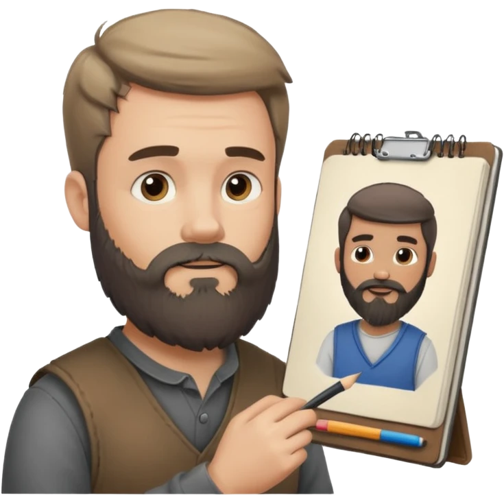 Bearded man  drawing boy character with charcoal in sketchbook emoji