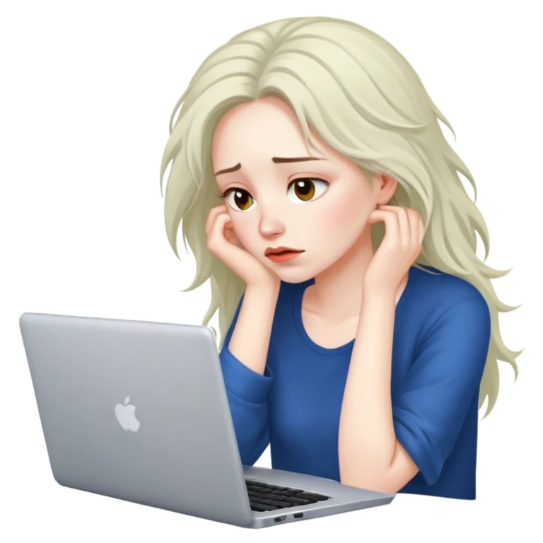 Красивая женщина, уставшая, лохматая, за ноутбуком. emoji