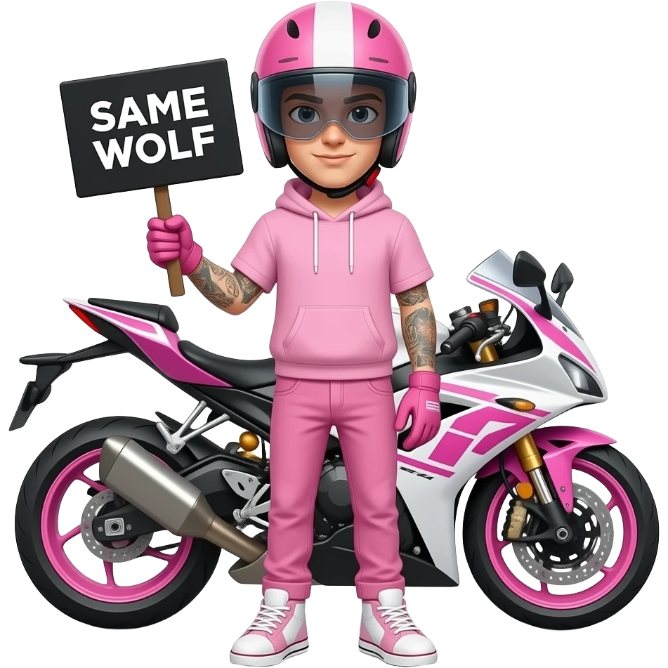young man with pink jeans and a pink hoodie wearing white pink sneakers and pink gloves, tattoos on both forearms also he wears a pink motorcycle helmet with dark full vision and stands in front of a pink white motorcycle, is holding a black sign with SAME WOLF written on it emoji