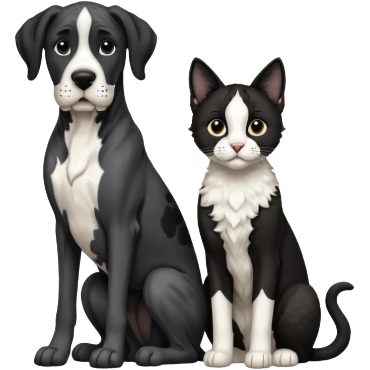 Large Black and white great dane dog sitting with a black and white cat emoji