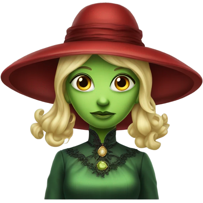 "galora green blonde alien woman" in red Victorian dress red elegant, full body emoji