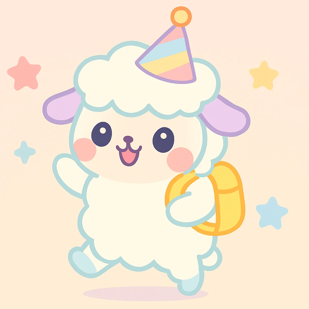 Add a yellow backpack and a party hat to the kawaii fluffy sheep, preserving the cute and soft kawaii style with fluffy texture and pastel colors. emoji