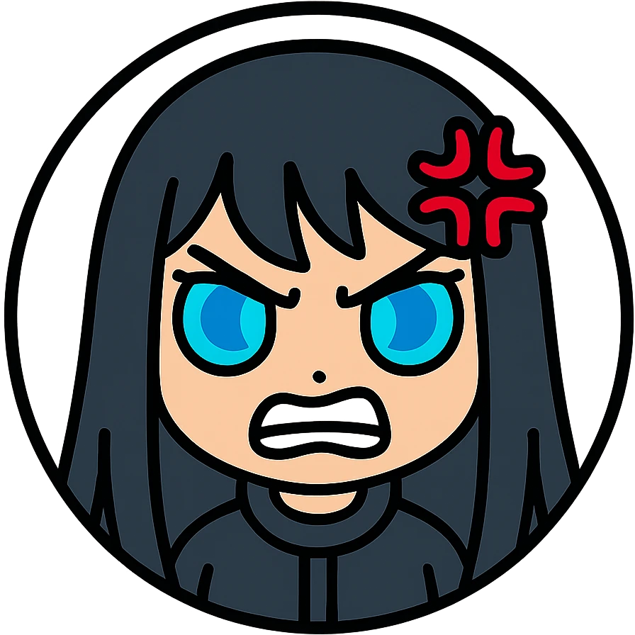 chibi cyberpunk girl with long straight black hair, large glowing neon-blue anime eyes, light peach skin, round face, small nose, soft cheeks, thin black line art, angry expression with fierce frown, gritted teeth, downward-slanted eyebrows, red anime anger symbol on right side of head, inside a thin black circle, pure white background emoji
