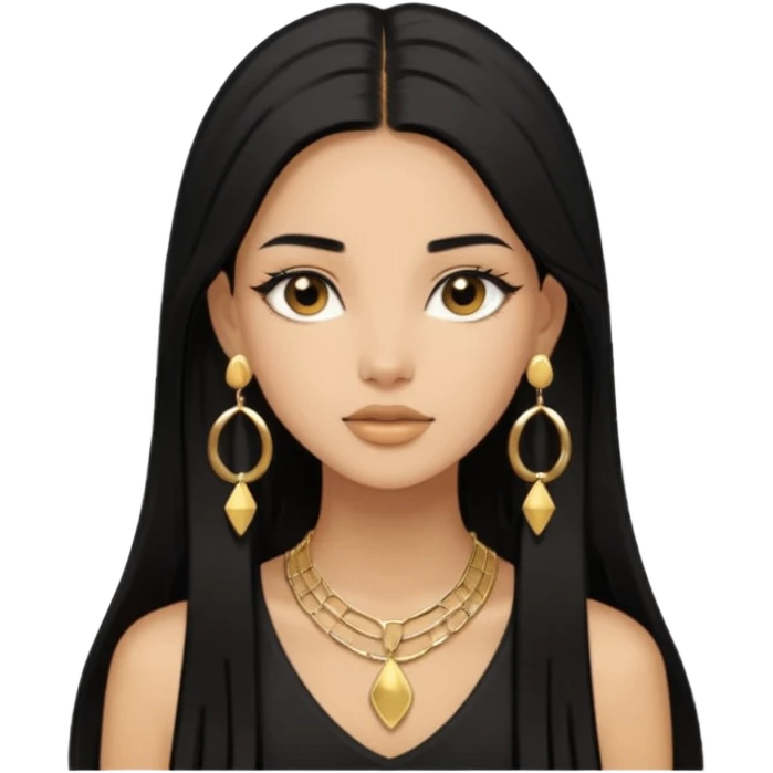 Pero que sea de una chica morena con pelo negro largo lacio. Que siempre utilize aretes dorados y axxesorios dorados y que sea AESTHETIC como pinterest emoji