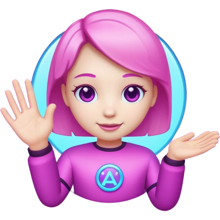 Friendly round AI mascot with a neon C badge, floating hologram in hands, purple-magenta glow. emoji