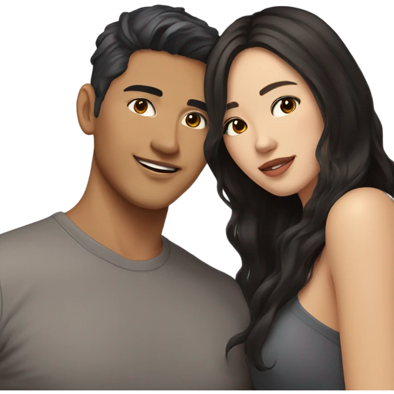 A half pale Asian man with short dark hair and amber eyes embracing and loving a half Asian woman with long wavy dark hair and dark hazel eyes. They love each other a lot And have good fashion taste. emoji