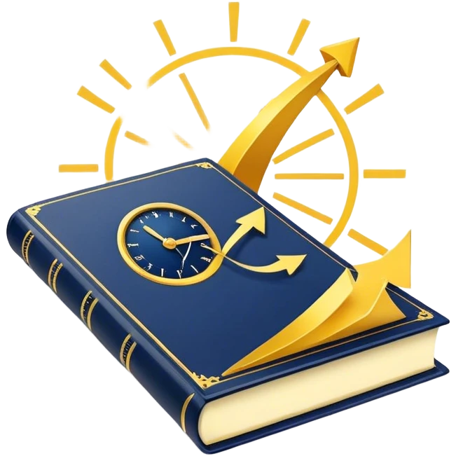 A yellow productivity book with navy blue and gold details, and chart with upward trend aura, radiating productivity, strategy, and success in motion with time and happiness yellow... power in time aura of happiness emoji