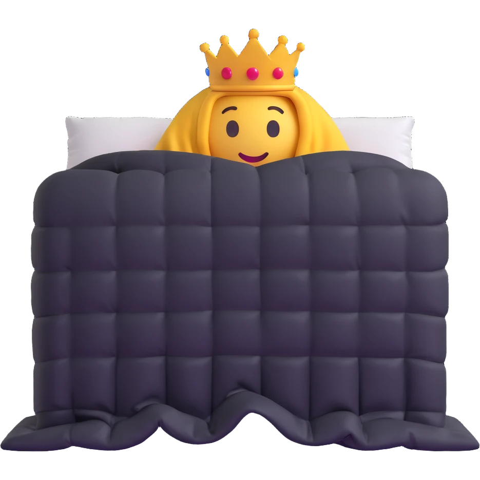 side view of a king bed with a person completely hidden under a blanket, only the blanket visible, 3D emoji style emoji