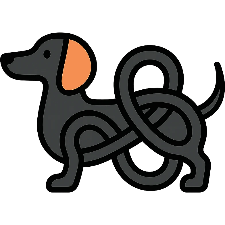 simple icon of black dachshund, body forming tangled loops emoji