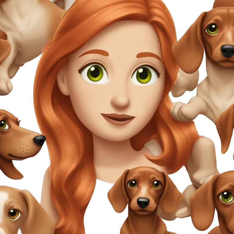 red head women green eyes with her light cream dachshund  emoji