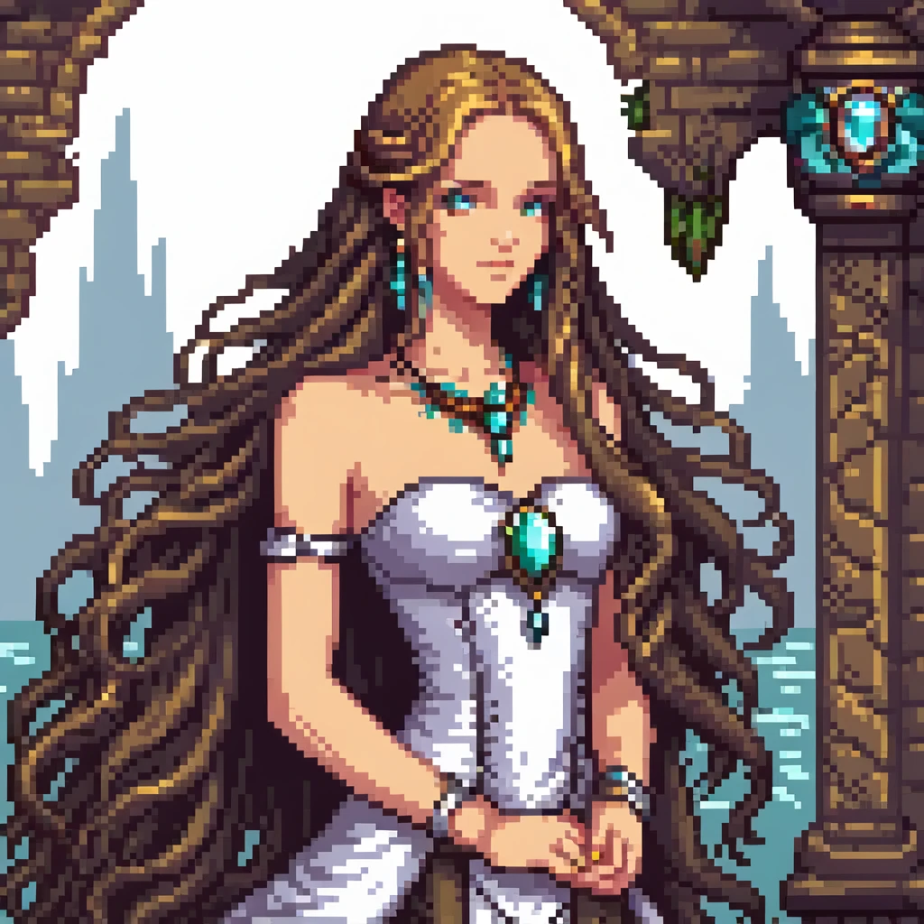 Beautiful girl with metal jewelry and long flowing hair in fantasy setting emoji