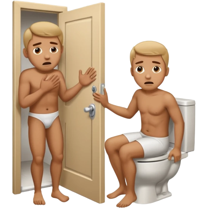 Man using the toilet while the other man is banging on the door begging holding it emoji