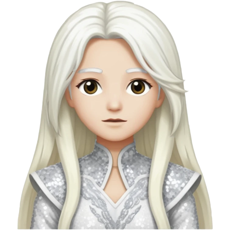 Ouranos from Gods and Goddesses with long white hair, white sequin outfit emoji