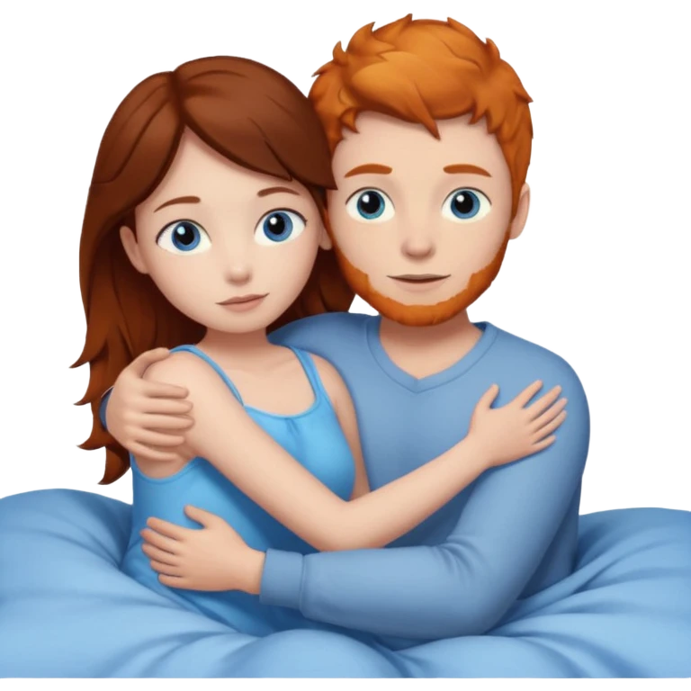 Ginger boy hugging girl with very dark brown hair. Both have blue eyes. They are in bed.  emoji