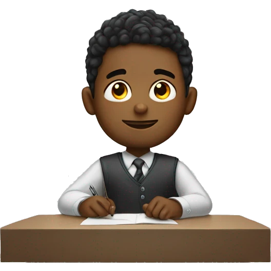 boy is sitting at desk and rising right hand like he wants to answer question emoji