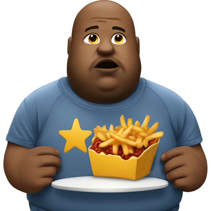 fat man in dirty blue sweatsuit with chili cheese fries in his mouth emoji