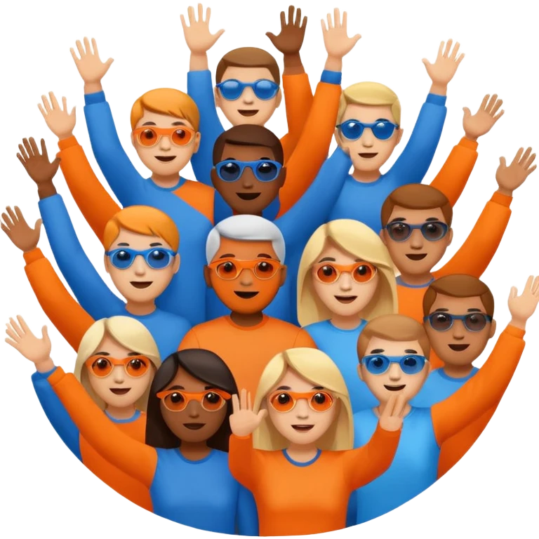 A cheering crowd within a circle of shades of orange and blue emoji