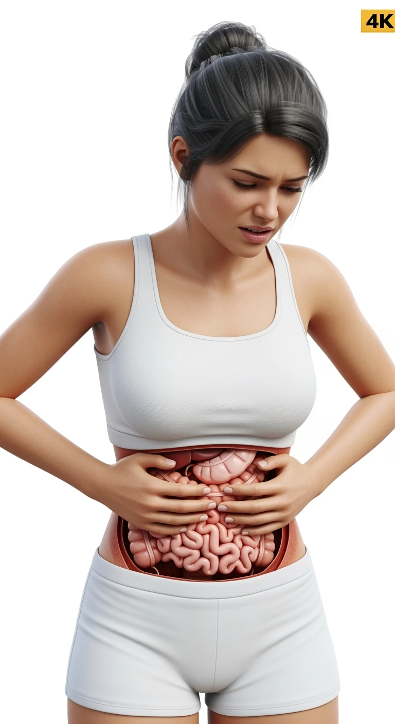 donna con intestino realistico e mal di pancia, iperrealistico 4k, isolata su sfondo bianco emoji