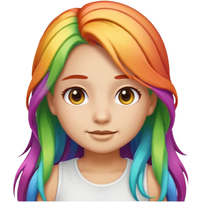girl emoji with long rainbow hair, she's wearing a white top and has light olive skin  emoji