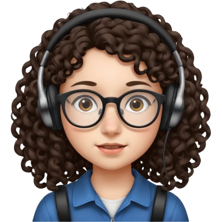 brunette kid with unique face features and very curly long hair kid girl neutral and big glasess and big nose and dark eyes with freckles kind of nerd looking and headphone wearing emoji