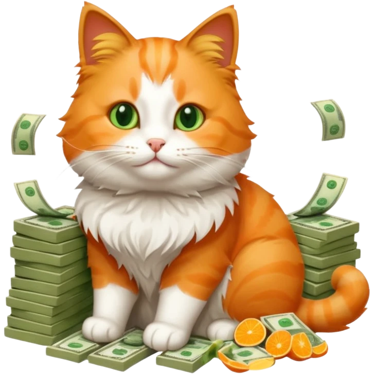 Cute cat surrounded by money emoji